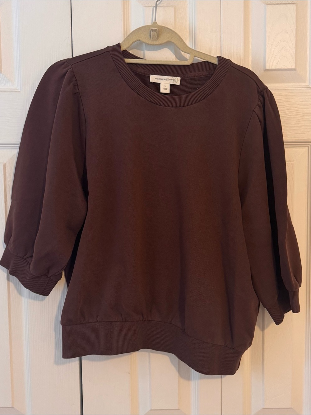 Treasure & Bond Puff-Sleeve Crewneck Sweatshirt - Brown